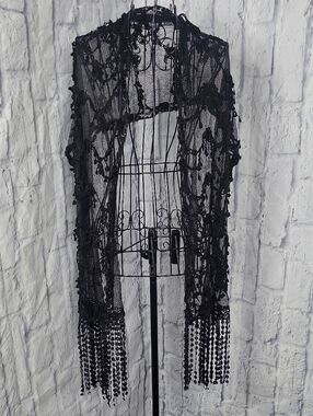 Black Lace Beaded Fringe Shawl Wrap Sheer Boho Evening NWOT